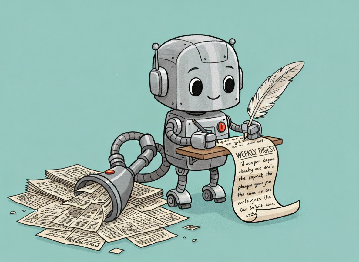 Illustrated robot mascot reading RSS feeds for newsletter automation